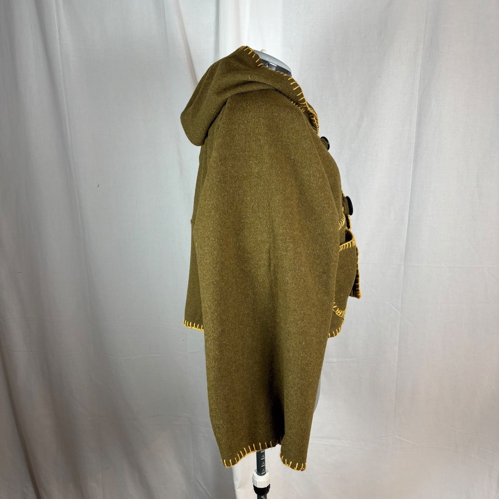 Handcrafted Olive Green Wool Hooded Cropped Bog Jacket with Yellow Stitching | L - Picture 9 of 16
